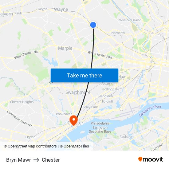 Bryn Mawr to Chester map