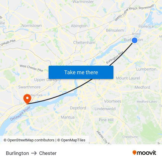 Burlington to Chester map