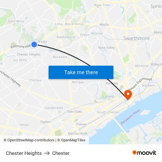 Chester Heights to Chester map