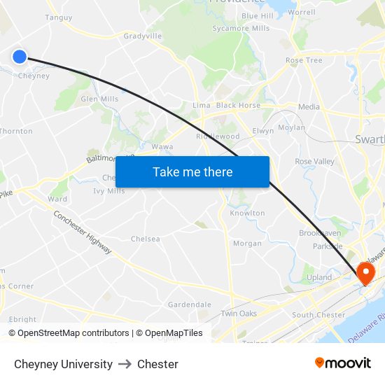 Cheyney University to Chester map