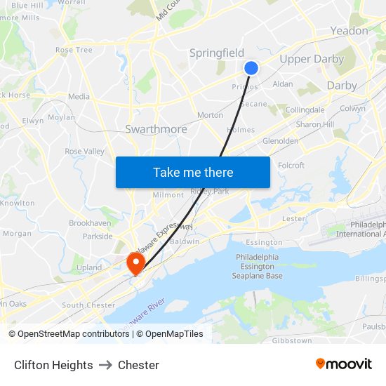 Clifton Heights to Chester map