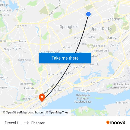 Drexel Hill to Chester map