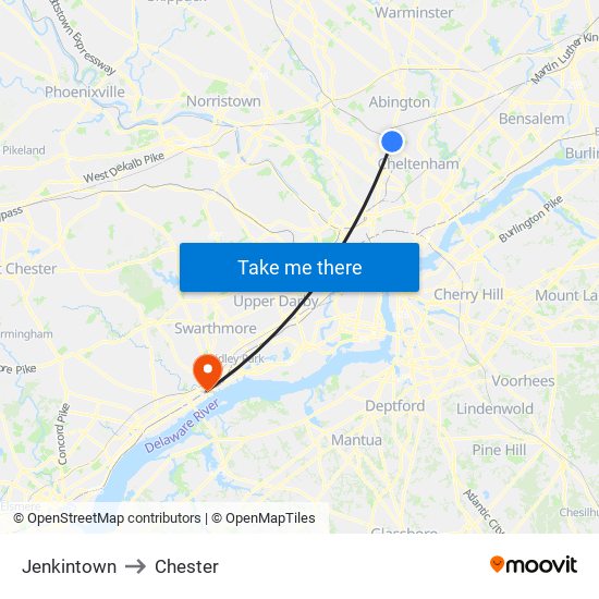 Jenkintown to Chester map