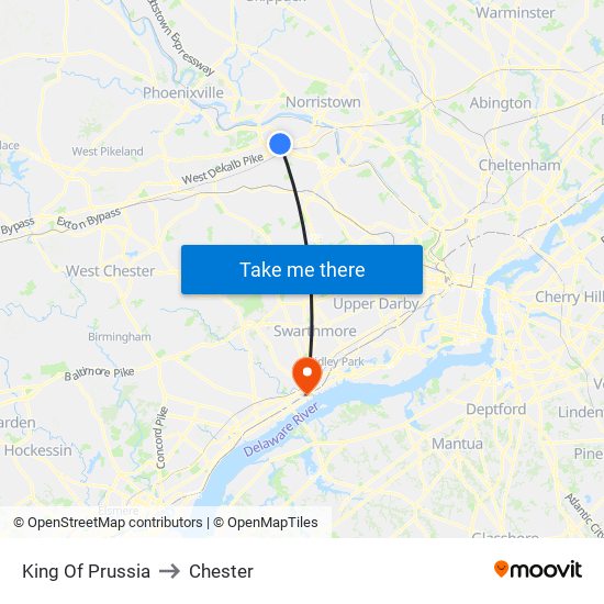 King Of Prussia to Chester map