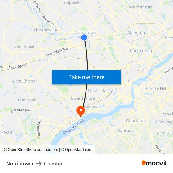 Norristown to Chester map