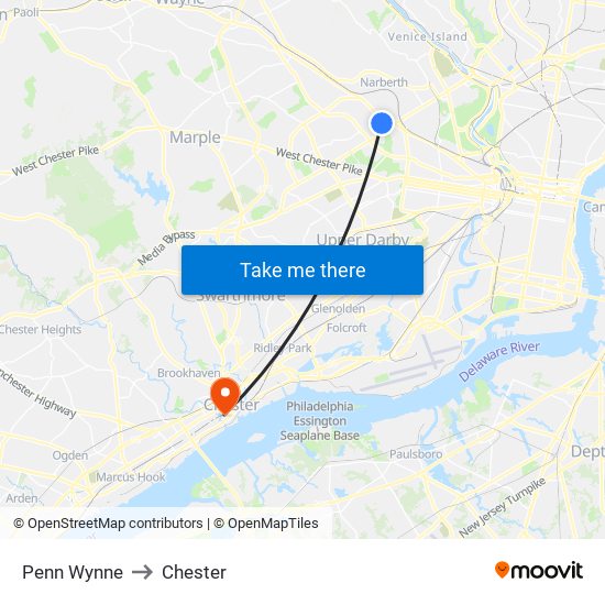 Penn Wynne to Chester map