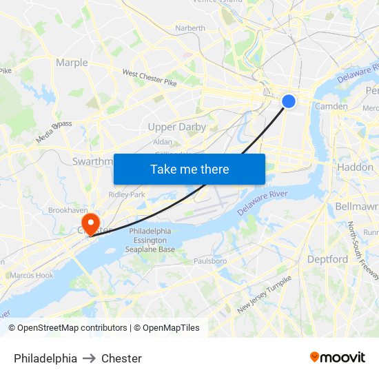 Philadelphia to Chester map