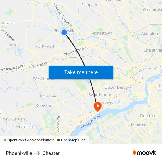 Phoenixville to Chester map