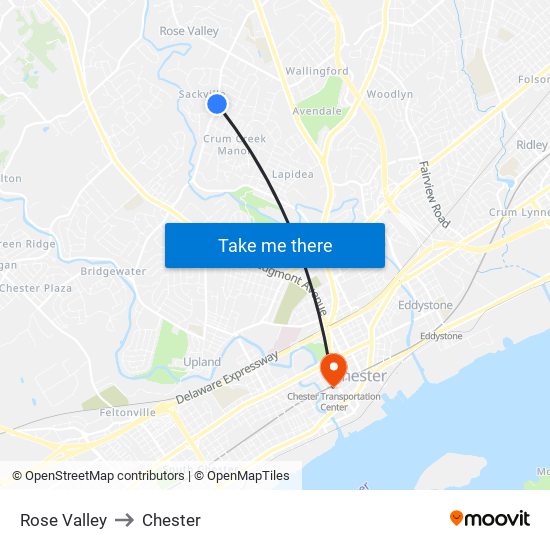 Rose Valley to Chester map