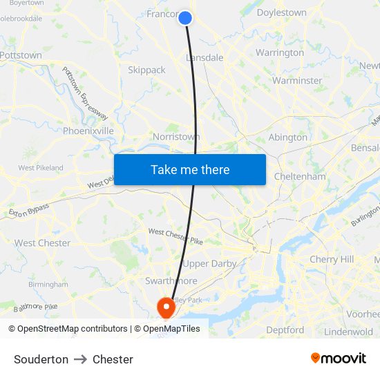 Souderton to Chester map