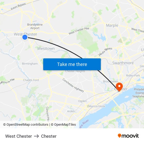 West Chester to Chester map