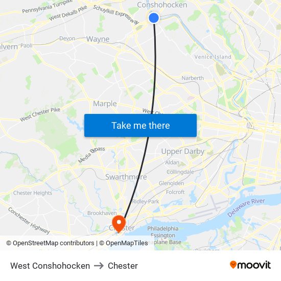 West Conshohocken to Chester map