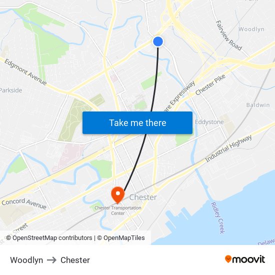 Woodlyn to Chester map