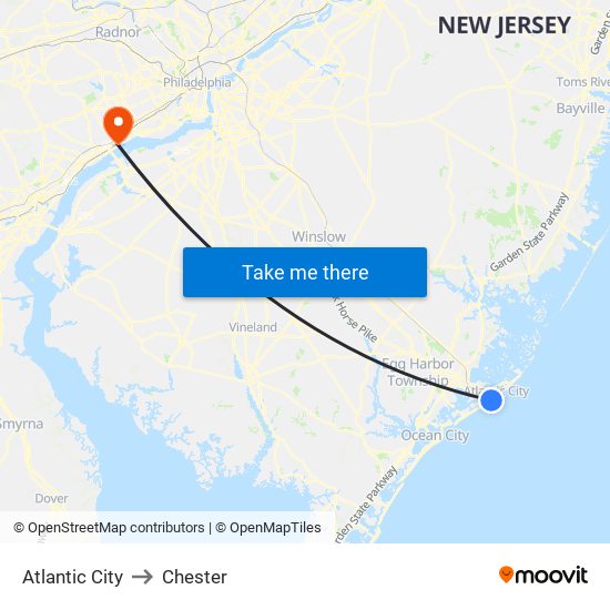 Atlantic City to Chester map