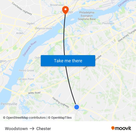 Woodstown to Chester map