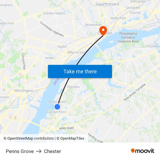 Penns Grove to Chester map