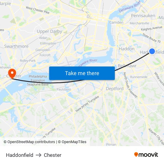Haddonfield to Chester map