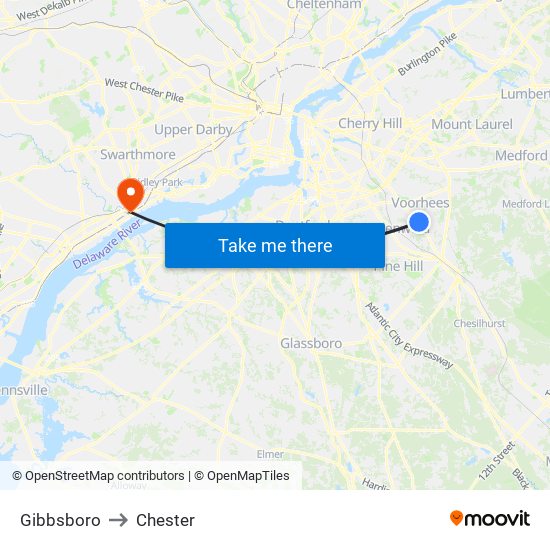 Gibbsboro to Chester map