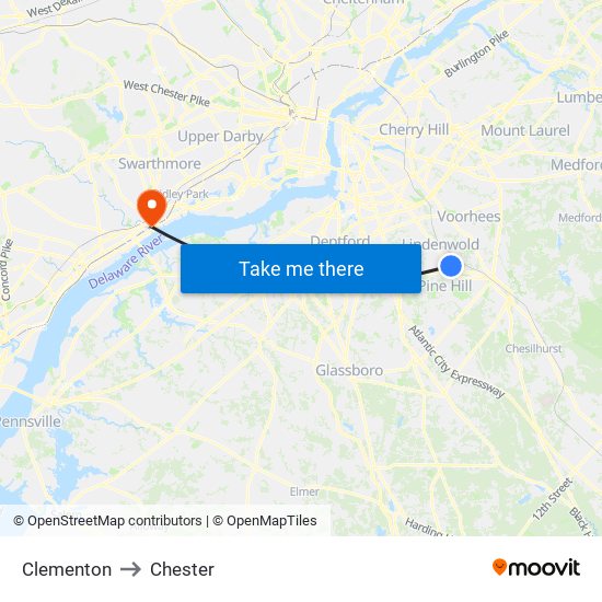 Clementon to Chester map