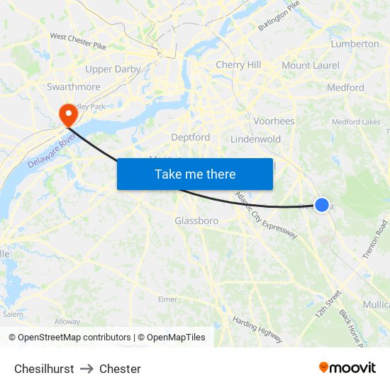 Chesilhurst to Chester map