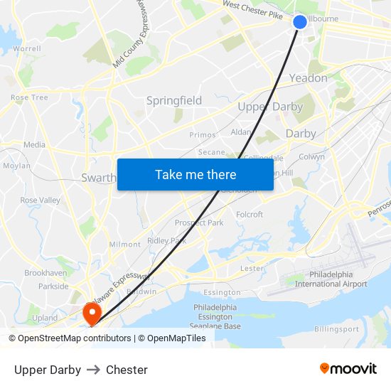 Upper Darby to Chester map