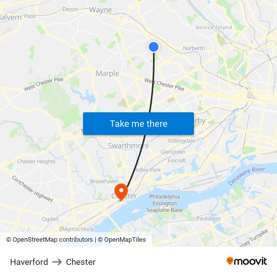 Haverford to Chester map