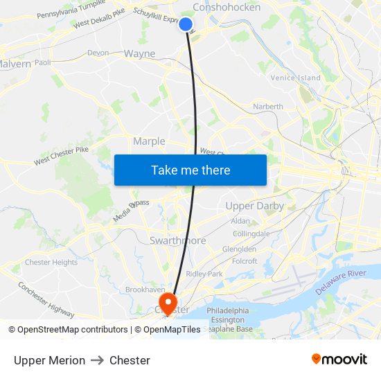 Upper Merion to Chester map