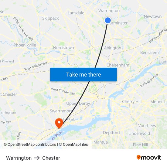 Warrington to Chester map