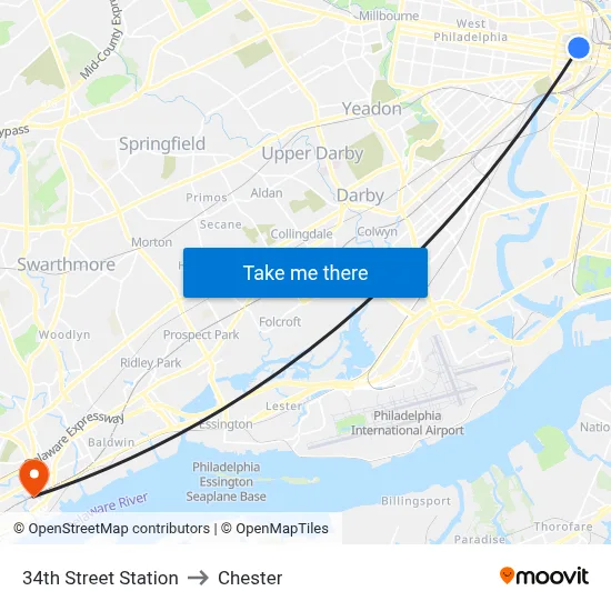 34th Street Station to Chester map