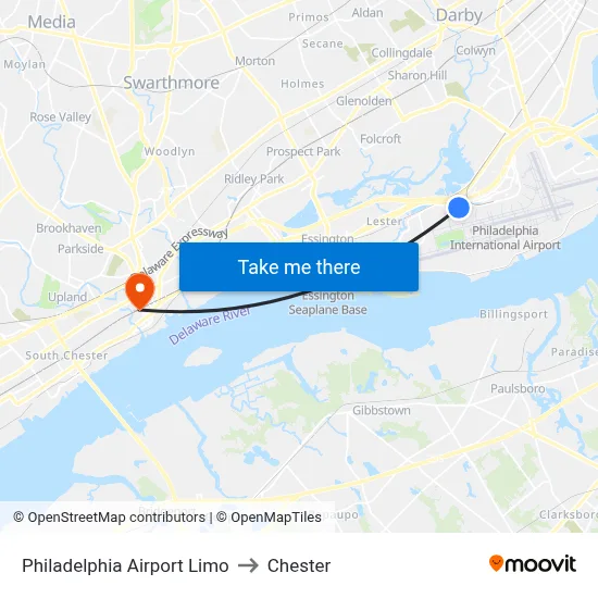 Philadelphia Airport Limo to Chester map
