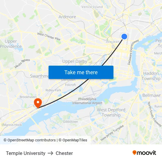 Temple University to Chester map