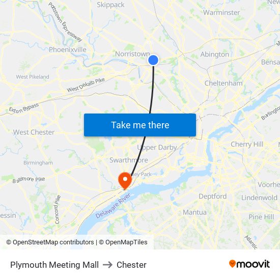 Plymouth Meeting Mall to Chester map