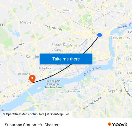 Suburban Station to Chester map