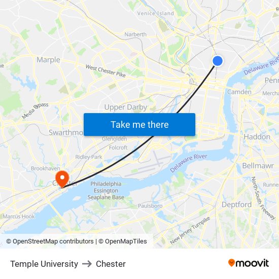 Temple University to Chester map