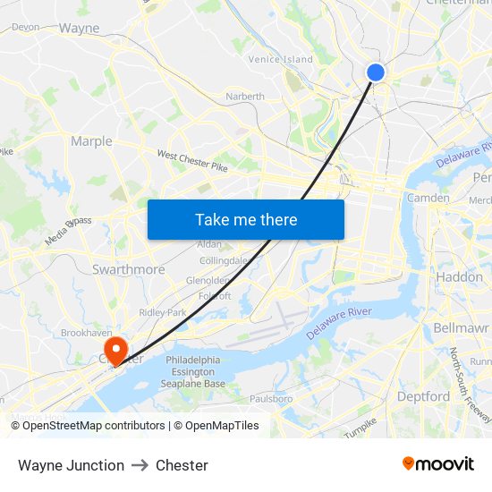 Wayne Junction to Chester map