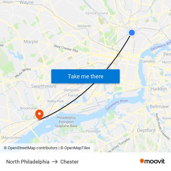 North Philadelphia to Chester map