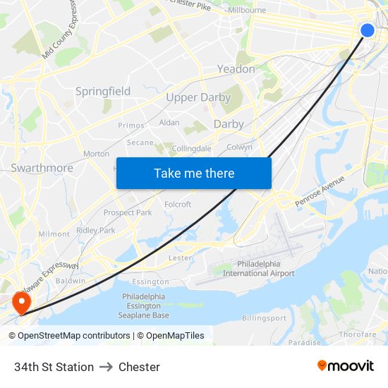 34th St Station to Chester map