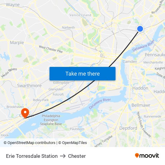 Erie Torresdale Station to Chester map