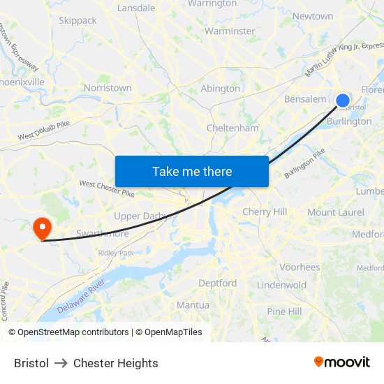 Bristol to Chester Heights map