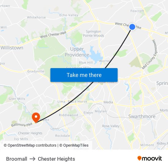 Broomall to Chester Heights map