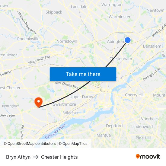 Bryn Athyn to Chester Heights map