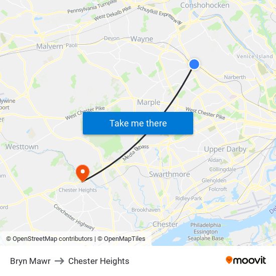 Bryn Mawr to Chester Heights map