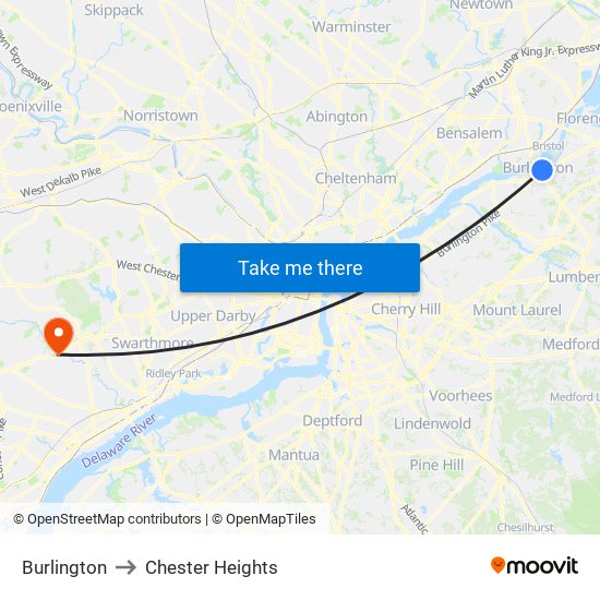 Burlington to Chester Heights map