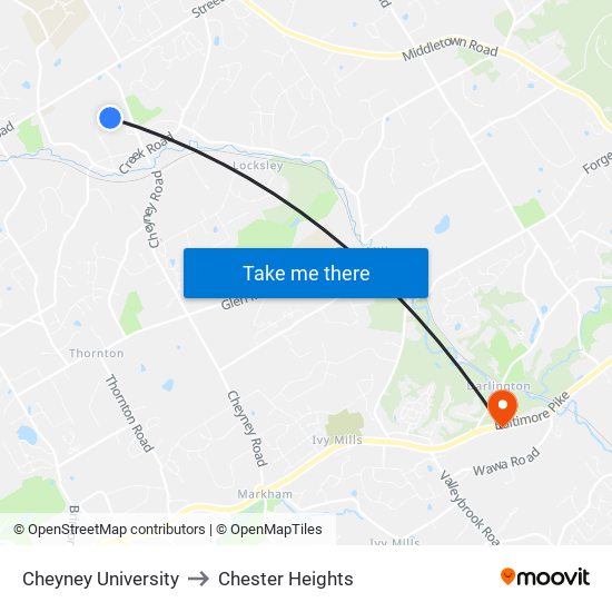 Cheyney University to Chester Heights map