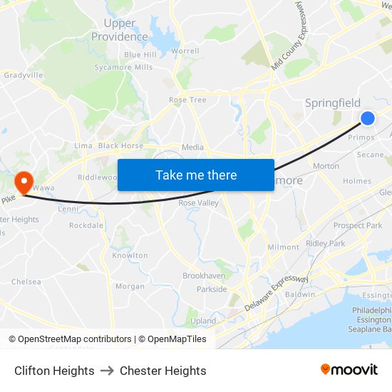 Clifton Heights to Chester Heights map