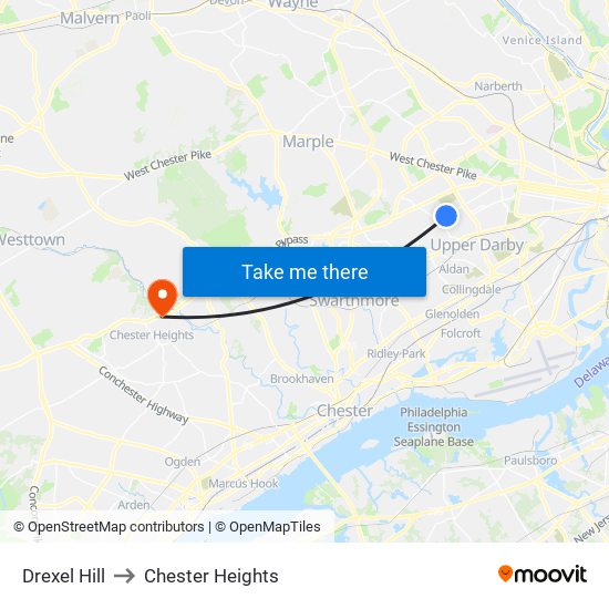 Drexel Hill to Chester Heights map