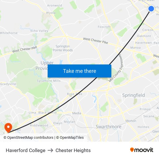 Haverford College to Chester Heights map