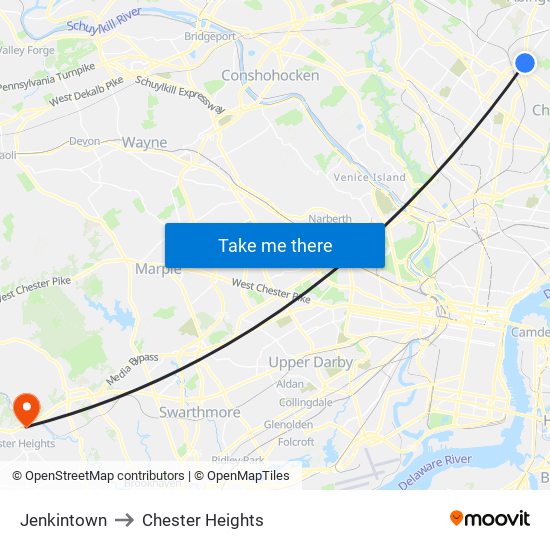 Jenkintown to Chester Heights map