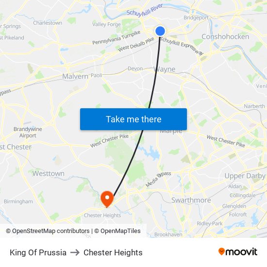 King Of Prussia to Chester Heights map