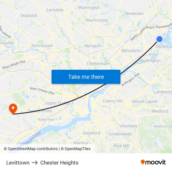 Levittown to Chester Heights map